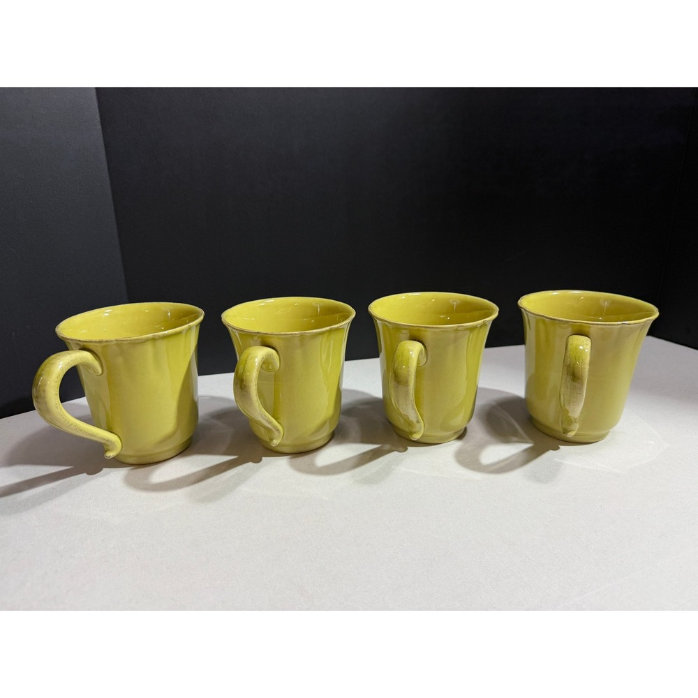 Casafina Stoneware Mugs Set of 4 Citron Yellow/Green Scalloped Made in Portugal